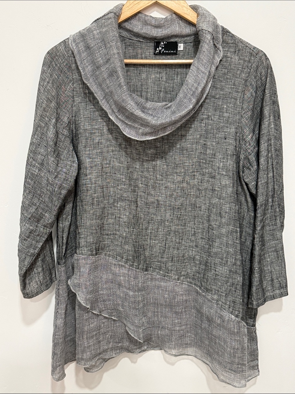 Fenini Linen Draped Grey Cowl Neck Tunic Blouse